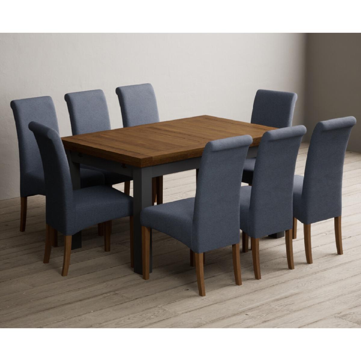 Extending Buxton 140cm Oak and Charcoal Grey Painted Dining Table with 6 Blue Scroll Back Chairs – image 56