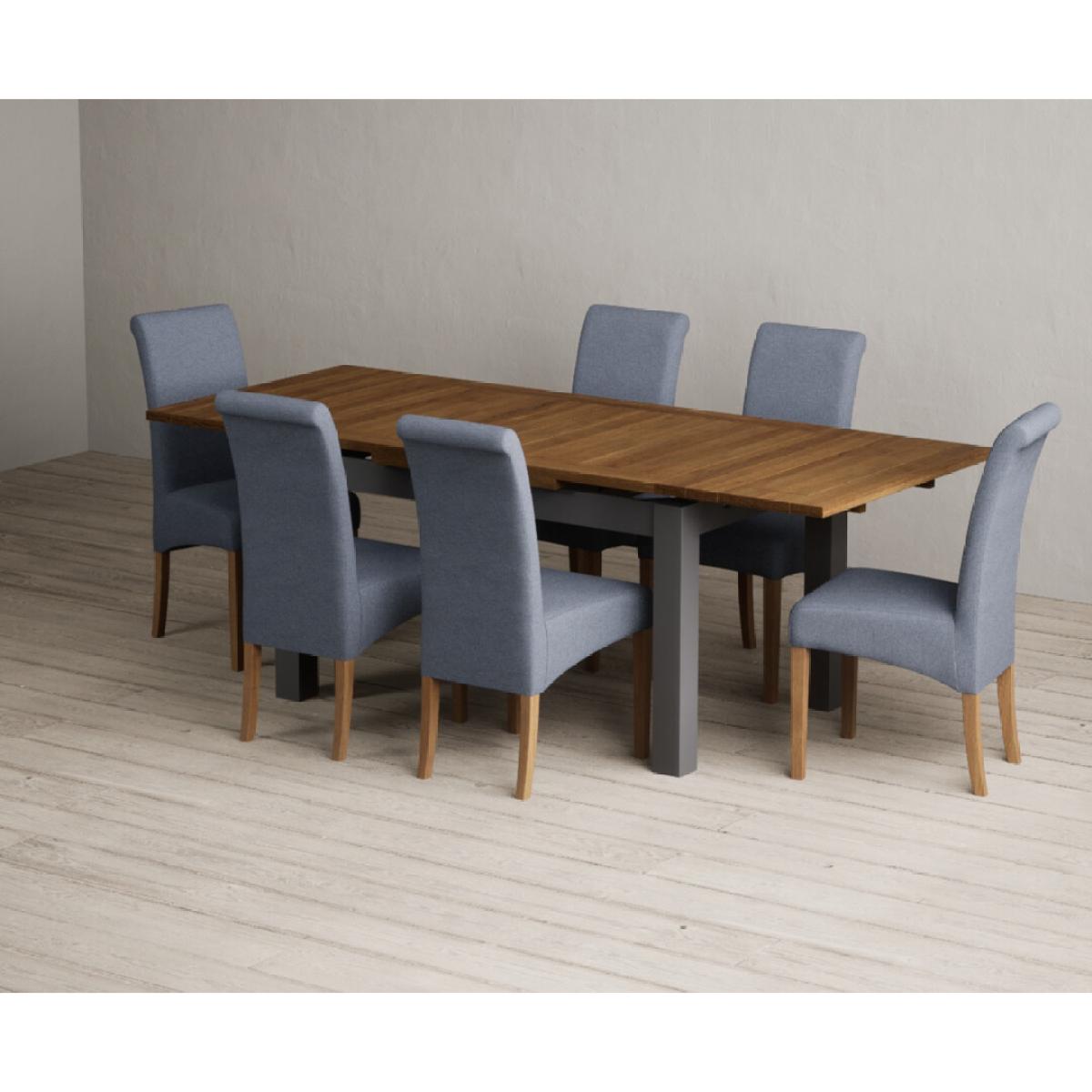 Extending Buxton 140cm Oak and Charcoal Grey Painted Dining Table with 6 Blue Scroll Back Chairs – image 59