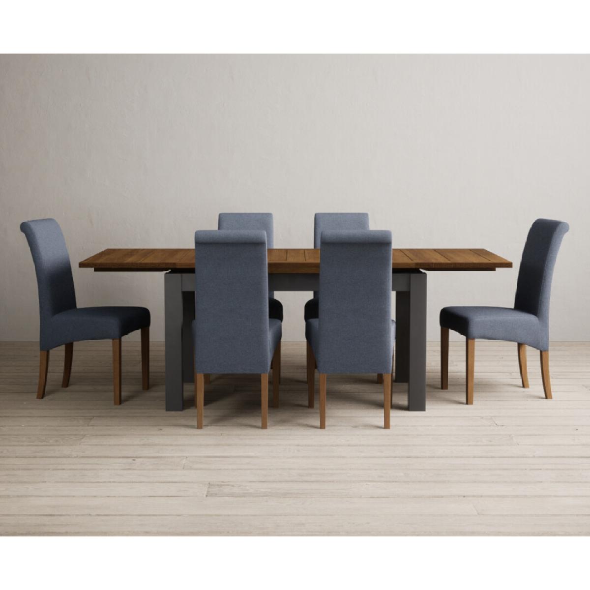 Extending Buxton 140cm Oak and Charcoal Grey Painted Dining Table with 6 Blue Scroll Back Chairs – image 60