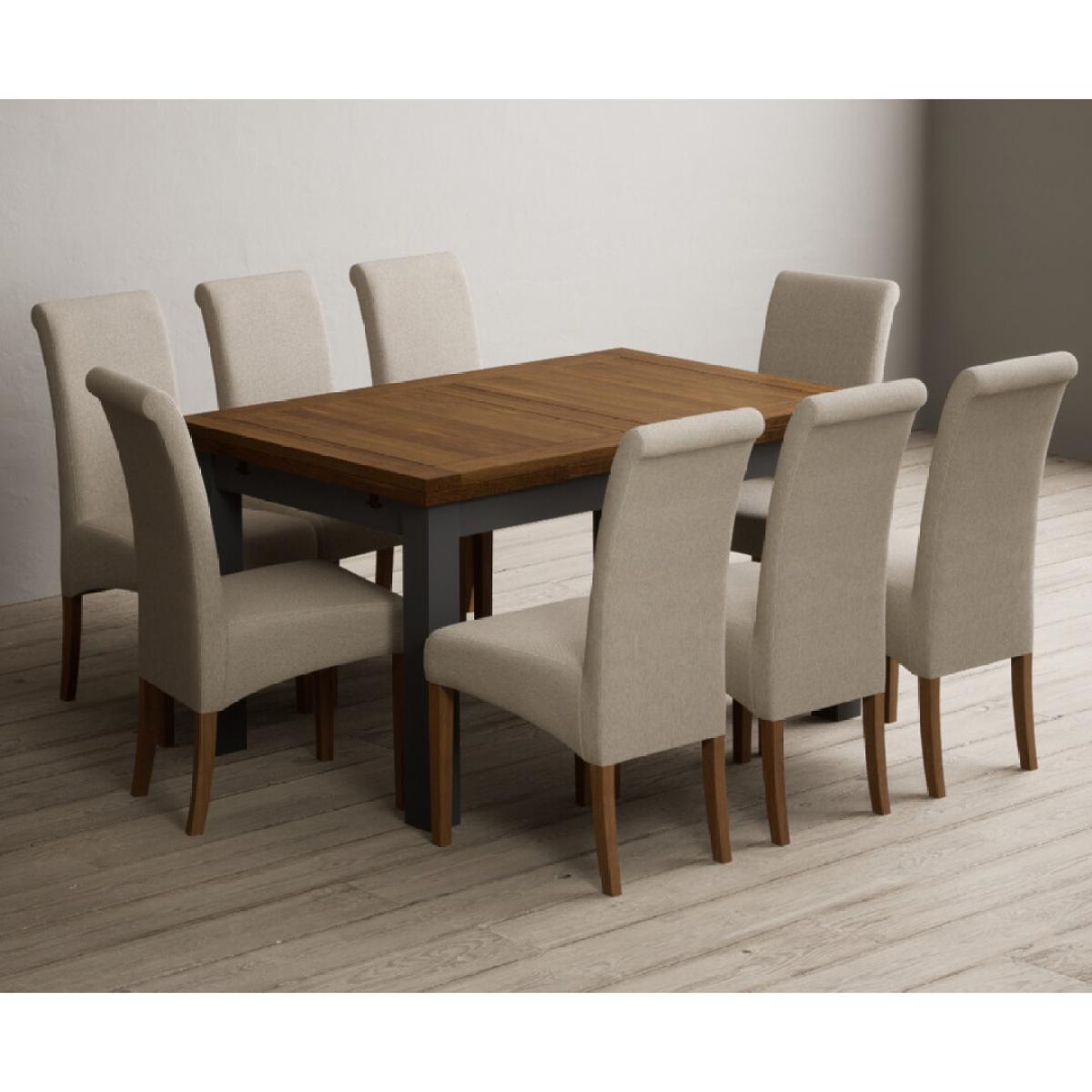 Extending Buxton 140cm Oak and Charcoal Grey Painted Dining Table with 6 Blue Scroll Back Chairs – image 7