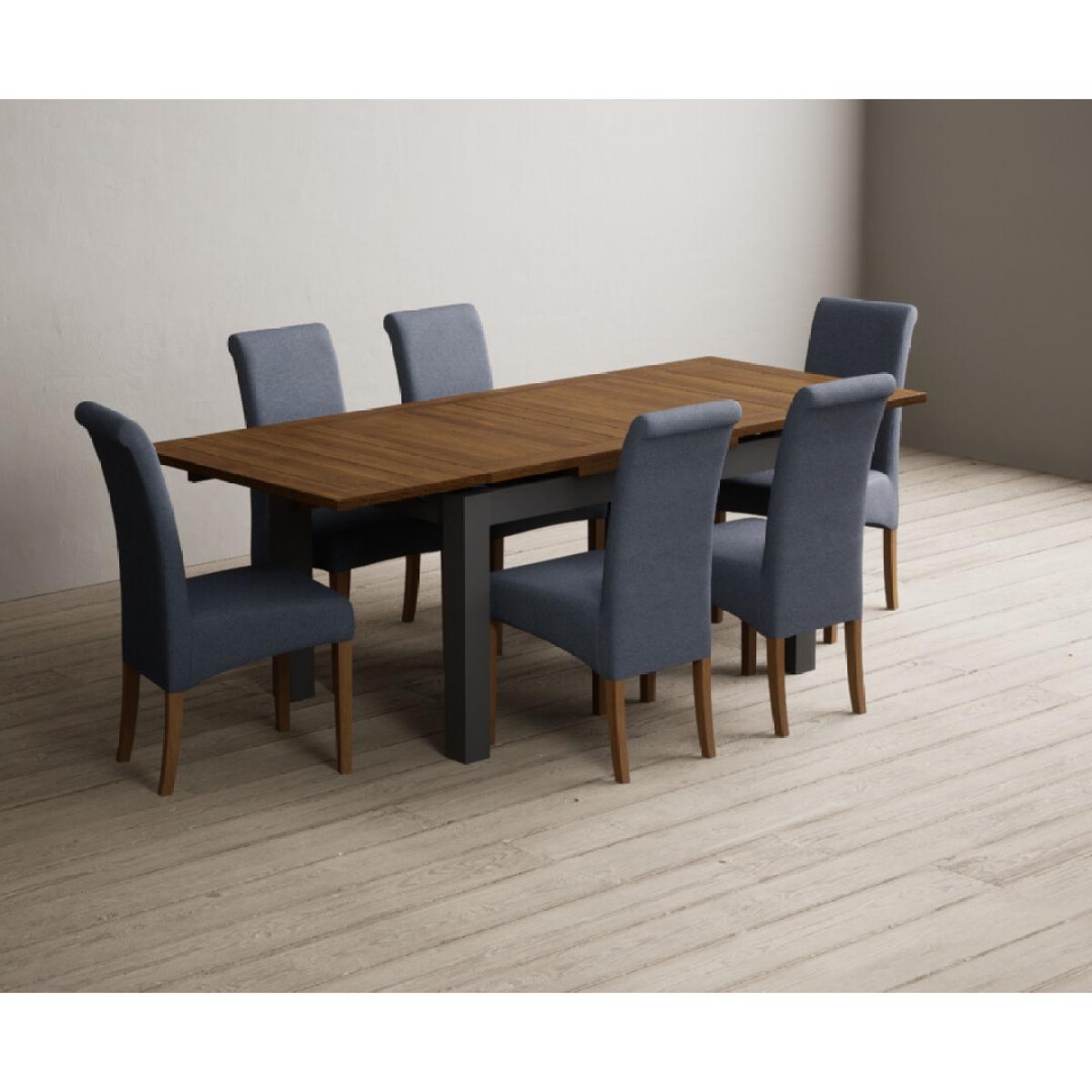 Extending Buxton 140cm Oak and Charcoal Grey Painted Dining Table with 6 Blue Scroll Back Chairs – image 61