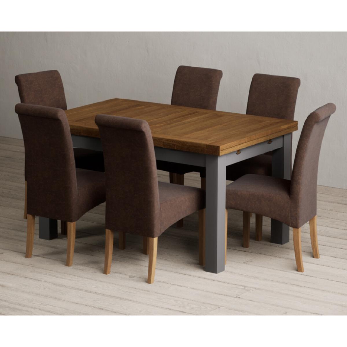 Extending Buxton 140cm Oak and Charcoal Grey Painted Dining Table with 6 Blue Scroll Back Chairs – image 70