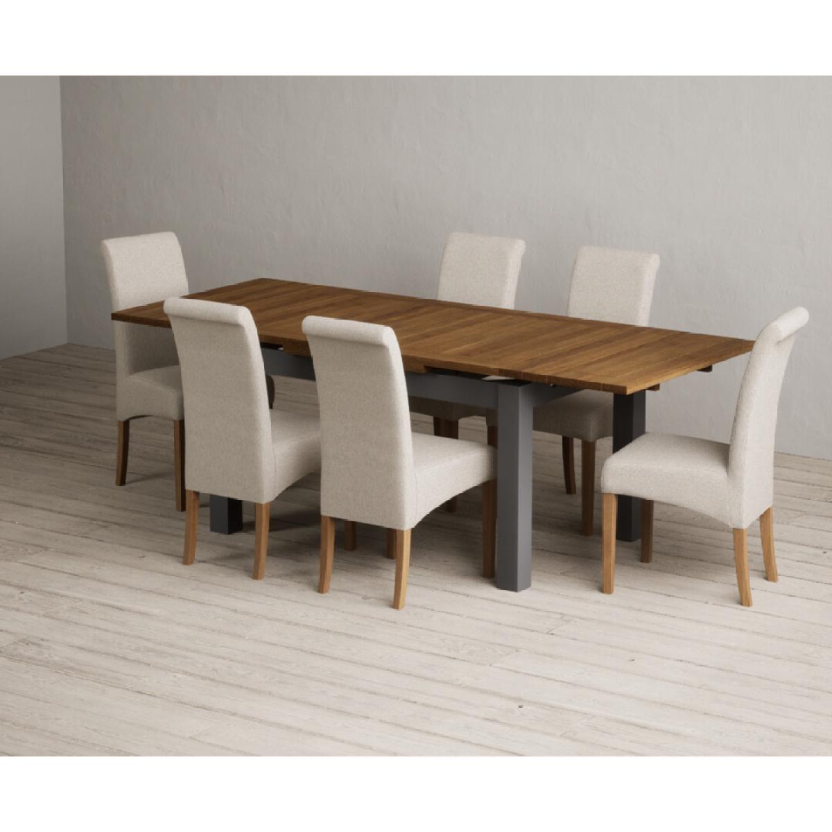 Extending Buxton 140cm Oak and Charcoal Grey Painted Dining Table with 6 Blue Scroll Back Chairs – image 8