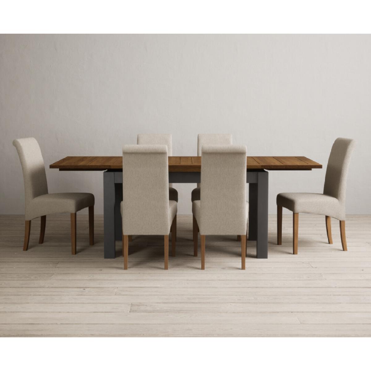 Extending Buxton 140cm Oak and Charcoal Grey Painted Dining Table with 6 Blue Scroll Back Chairs – image 9