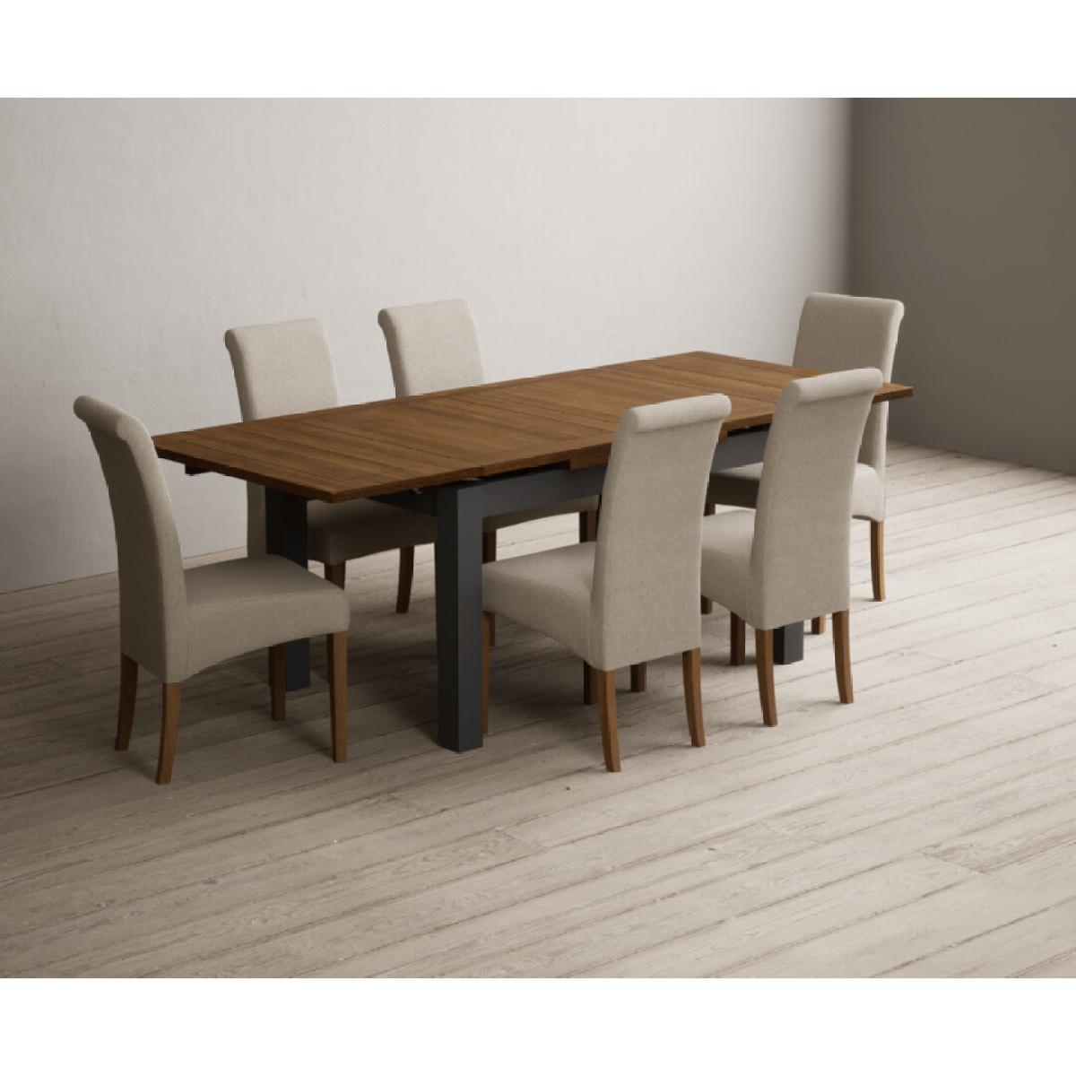 Extending Buxton 140cm Oak and Charcoal Grey Painted Dining Table with 6 Blue Scroll Back Chairs – image 10