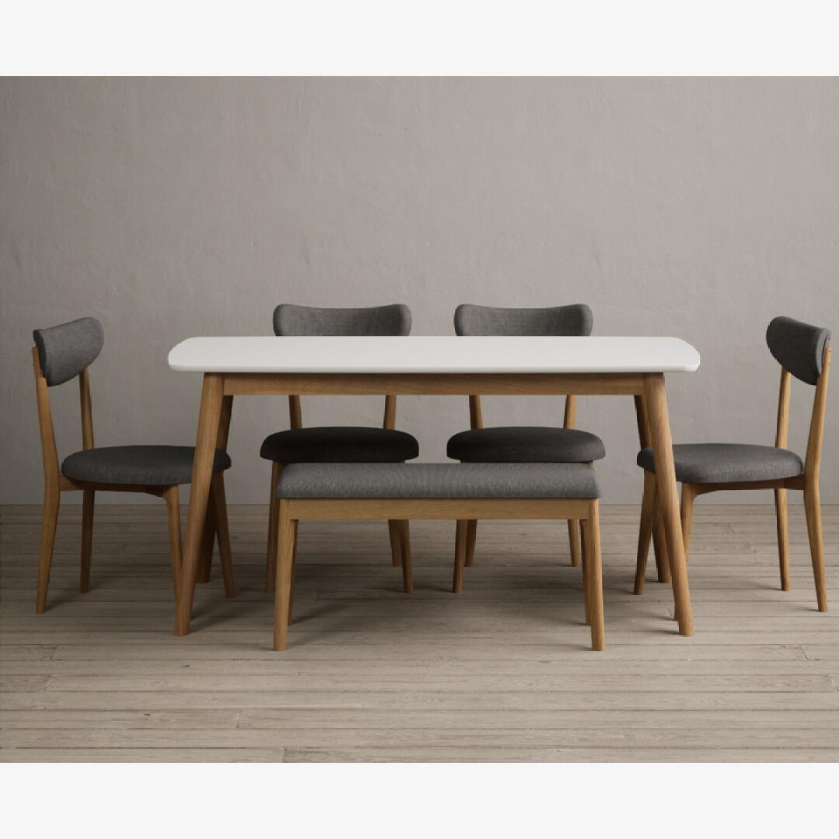 Nordic 150cm Solid Oak and Signal White Painted Dining Table with 2 Grey Nordic Chairs with 1 Grey Bench – image 1