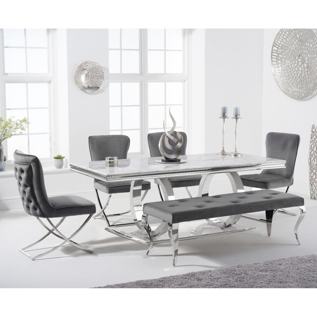 Harlow 200cm Marble Dining Table with Giovanni Velvet Chairs and Fitzrovia Bench - Blue, 2 Chairs – image 1
