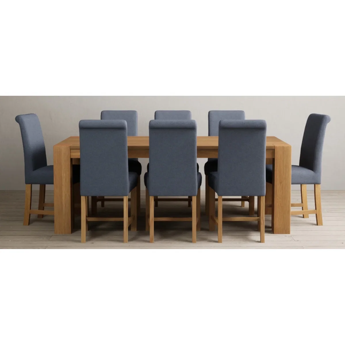 Sheringham 200cm Solid Oak Dining Table with 8 Blue Scroll Back Chairs – image 3