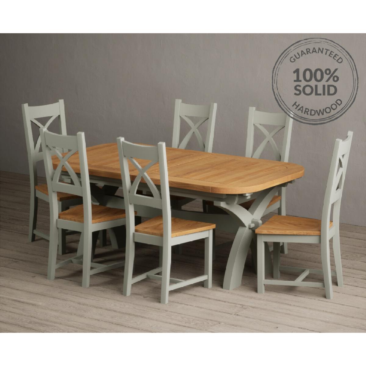 Extending Olympia 180cm Oak and Soft Green Painted Dining Table with 6 Linen Chairs – image 2