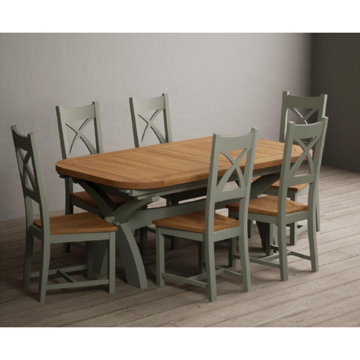 Extending Olympia 180cm Oak and Soft Green Painted Dining Table with 6 Linen Chairs – image 3