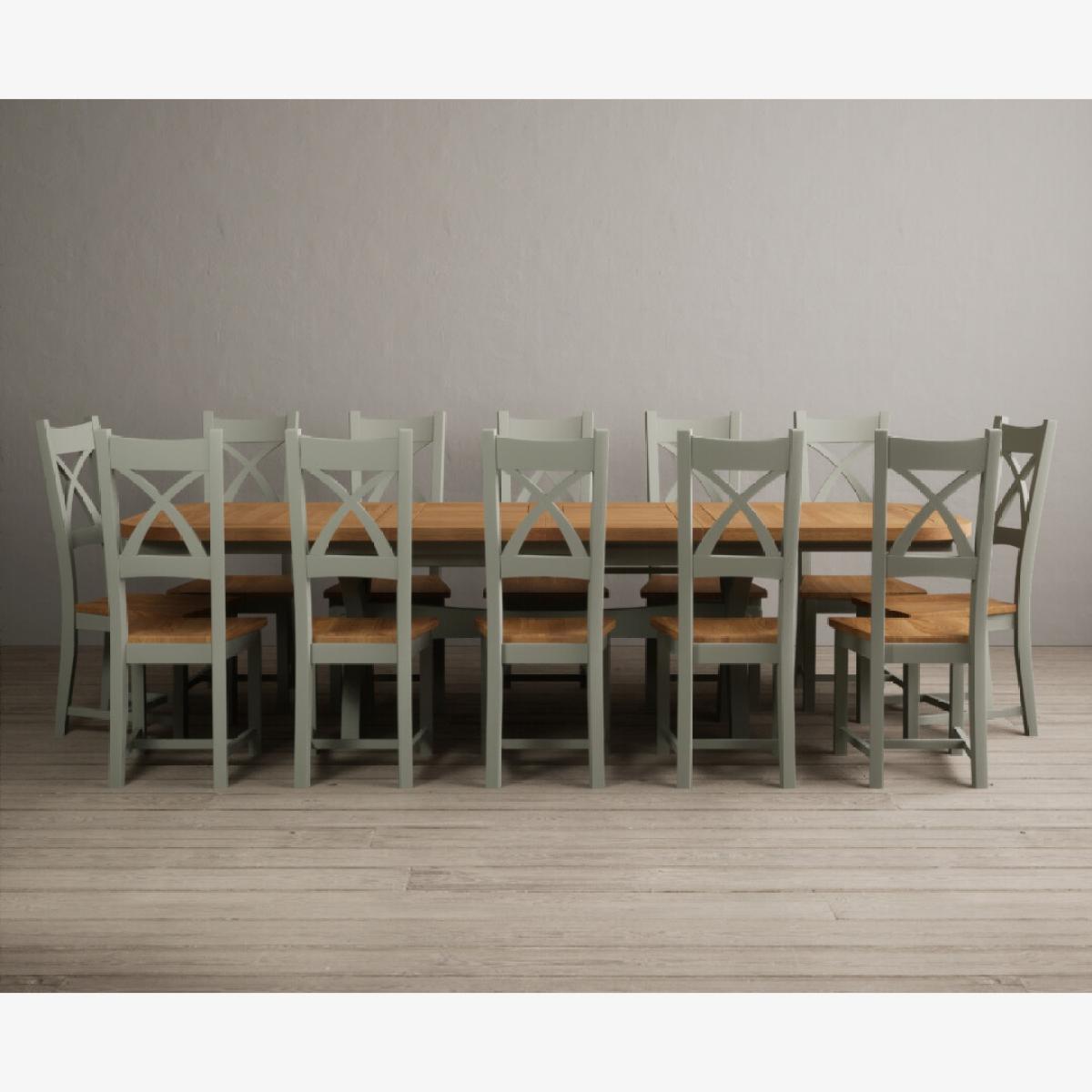 Extending Olympia 180cm Oak and Soft Green Painted Dining Table with 6 Linen Chairs – image 1