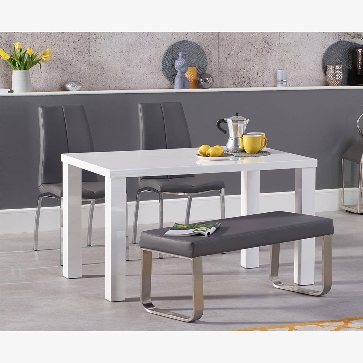 Atlanta 120cm White High Gloss Dining Table With 2 Ivory White Cavello Chairs and 1 Grey Atlanta Benches