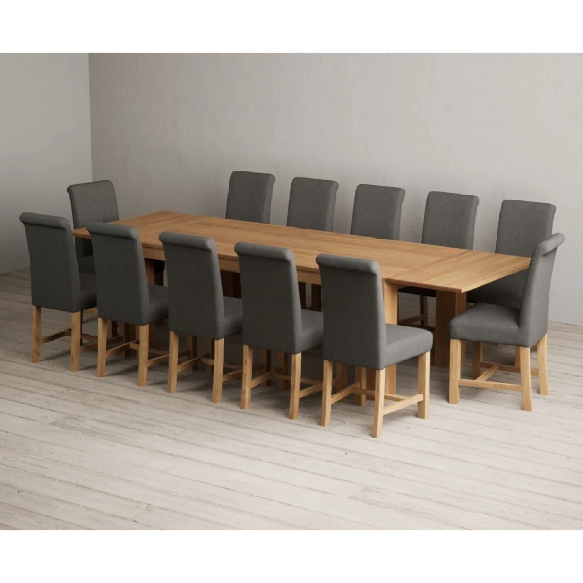 Extending Sheringham 200cm Solid Oak Table with 12 Charcoal Grey Braced Chairs – image 2