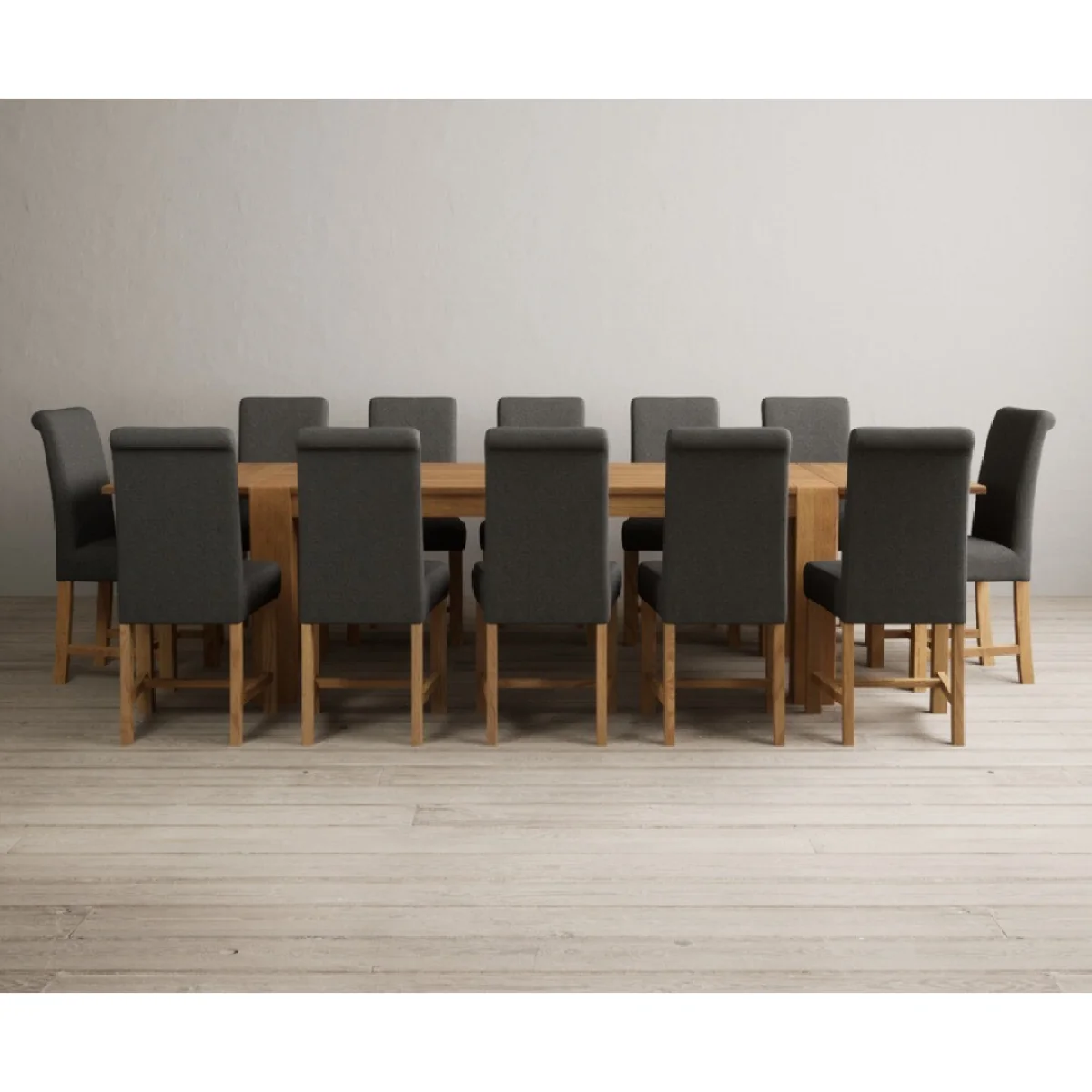 Extending Sheringham 200cm Solid Oak Table with 12 Charcoal Grey Braced Chairs – image 3