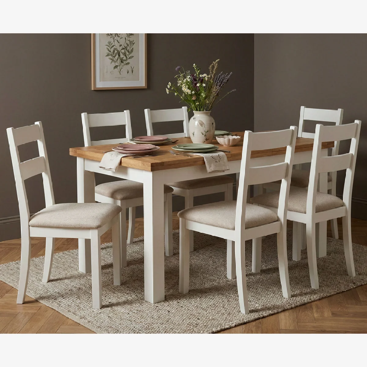 Extending Buxton 90cm Oak and Signal White Painted Dining Table with 6 Linen Kendal Chairs