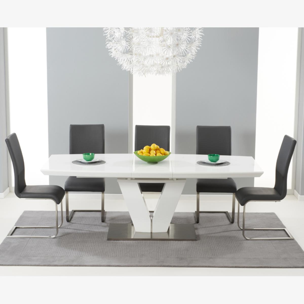 Malaga 180cm White High Gloss Extending Dining Table With 8 Grey Malaga Chairs