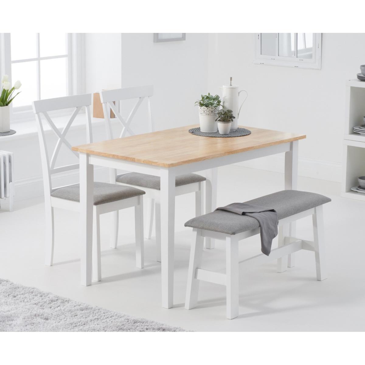 Chiltern 114cm Oak and White Table with Epsom Chairs with Grey Fabric Seats and Bench - Oak and White, 2 Chairs – image 1