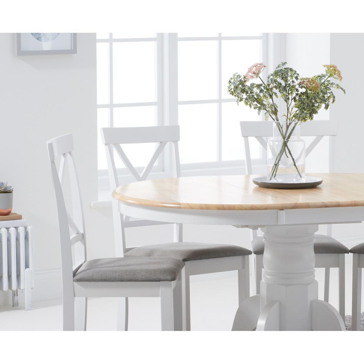 Epsom Oak and White Round Pedestal Extending Table with Epsom Chairs with Grey Fabric Seats - Oak and White, 4 Chairs – image 2