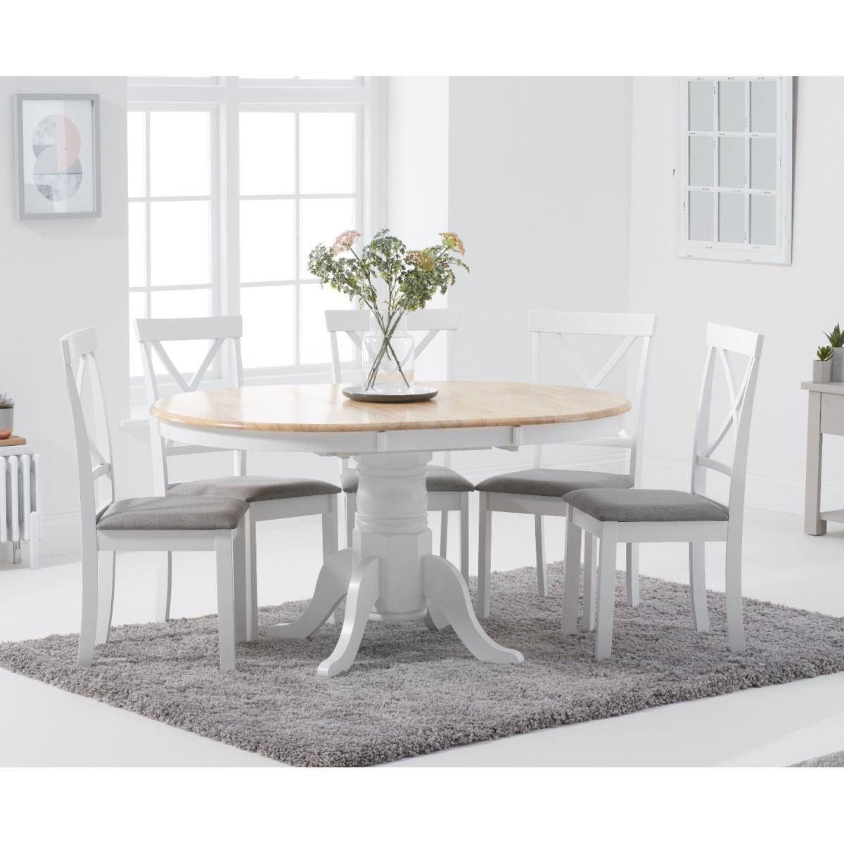 Epsom Oak and White Round Pedestal Extending Table with Epsom Chairs with Grey Fabric Seats - Oak and White, 4 Chairs – image 1