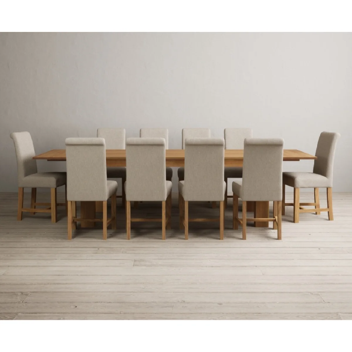Extending Sheringham 200cm Solid Oak Table with 10 Natural Braced Chairs – image 4