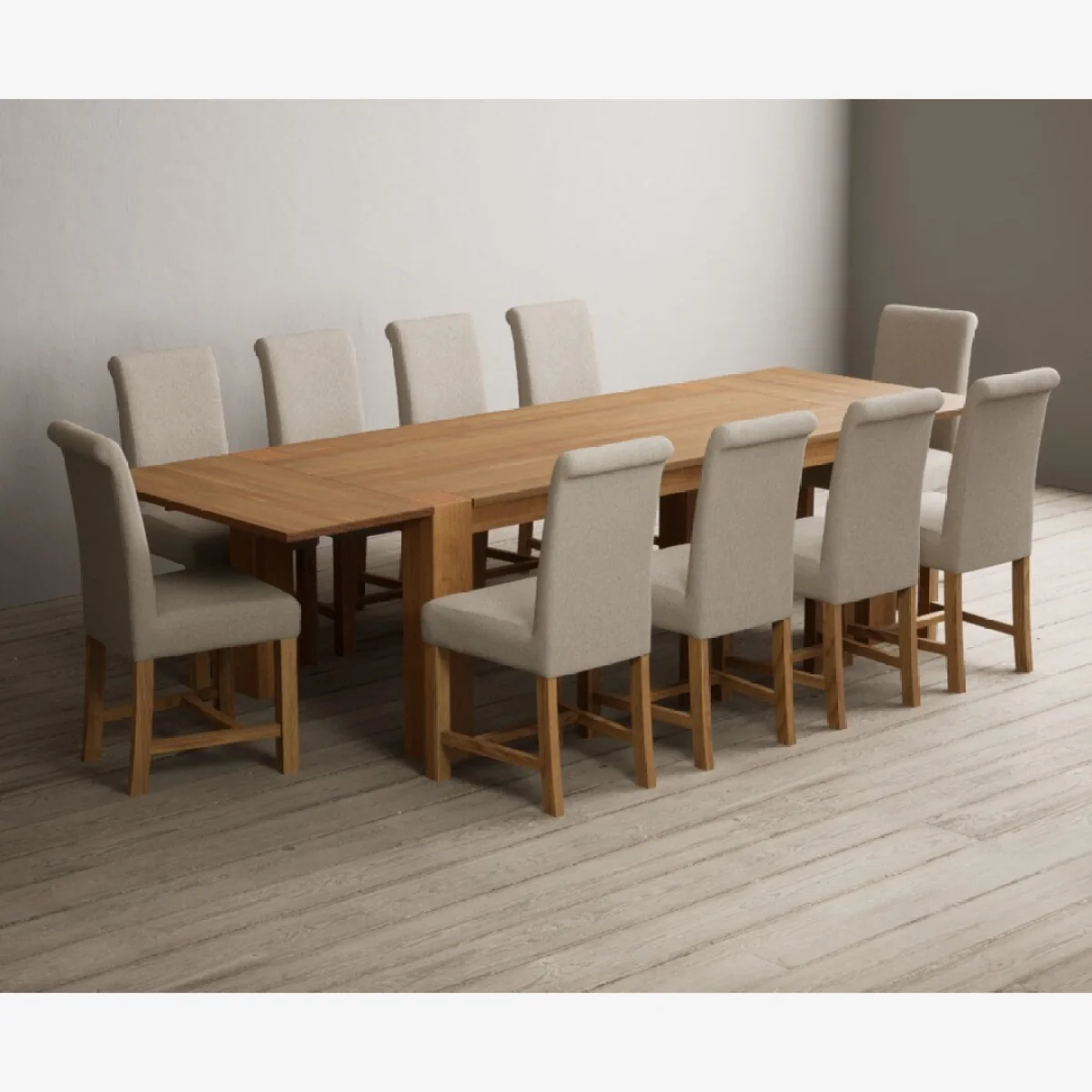 Extending Sheringham 200cm Solid Oak Table with 10 Natural Braced Chairs – image 1