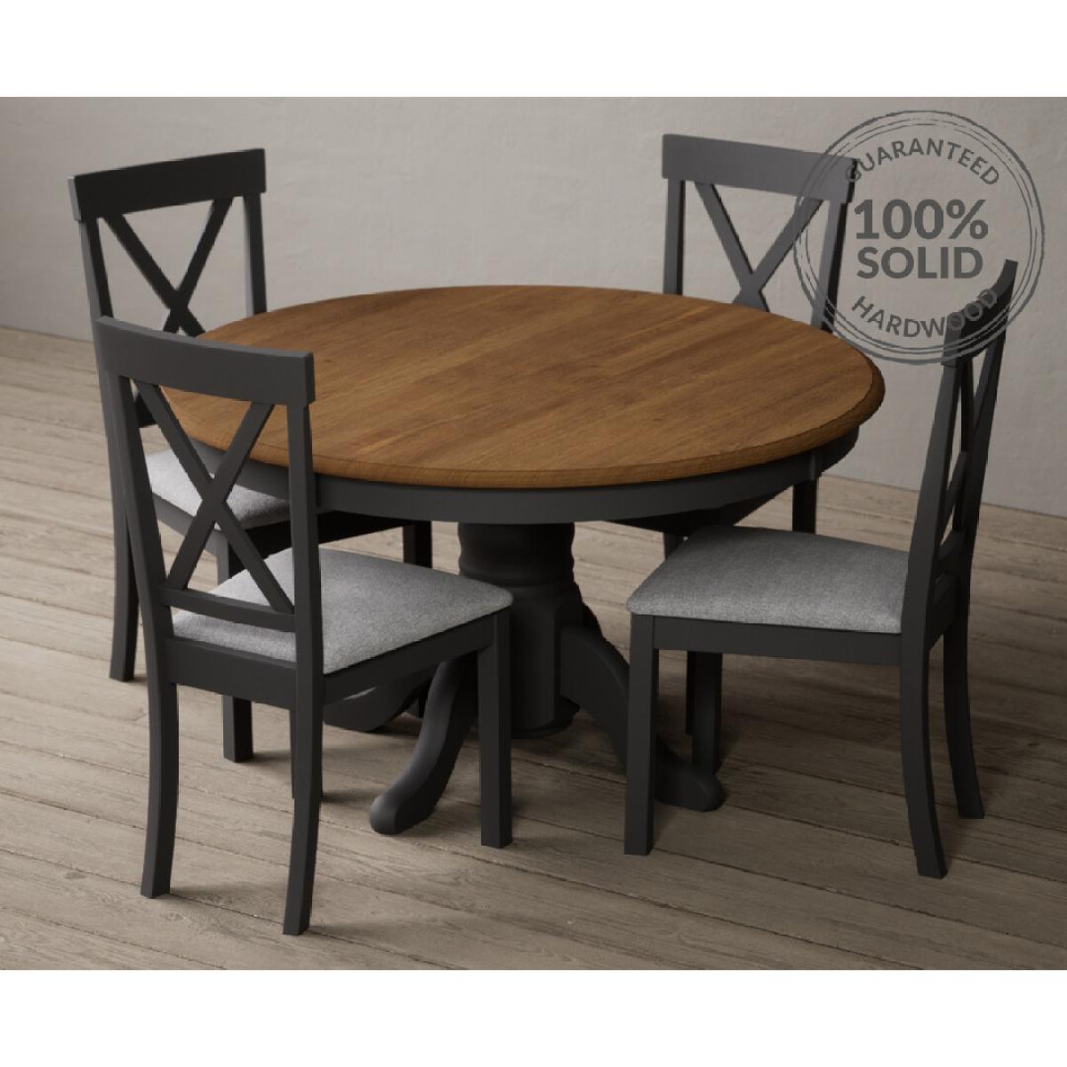Hertford 120cm Oak and Charcoal Grey Painted Round Pedestal Table With 6 Linen Hertford Chairs – image 2