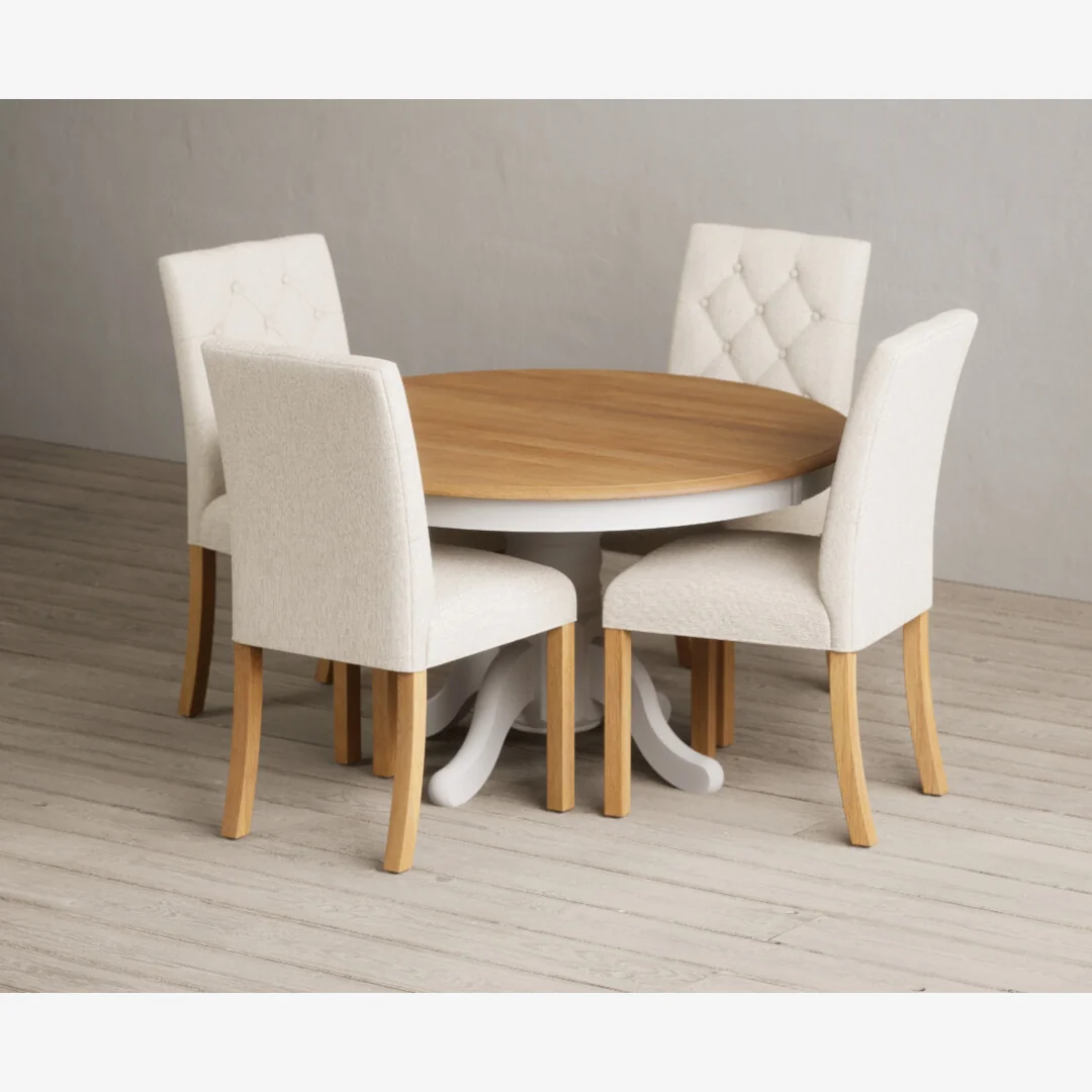 Hertford 120cm Fixed Top Oak and Soft White Painted Dining Table with 6 Natural Isabella Chairs