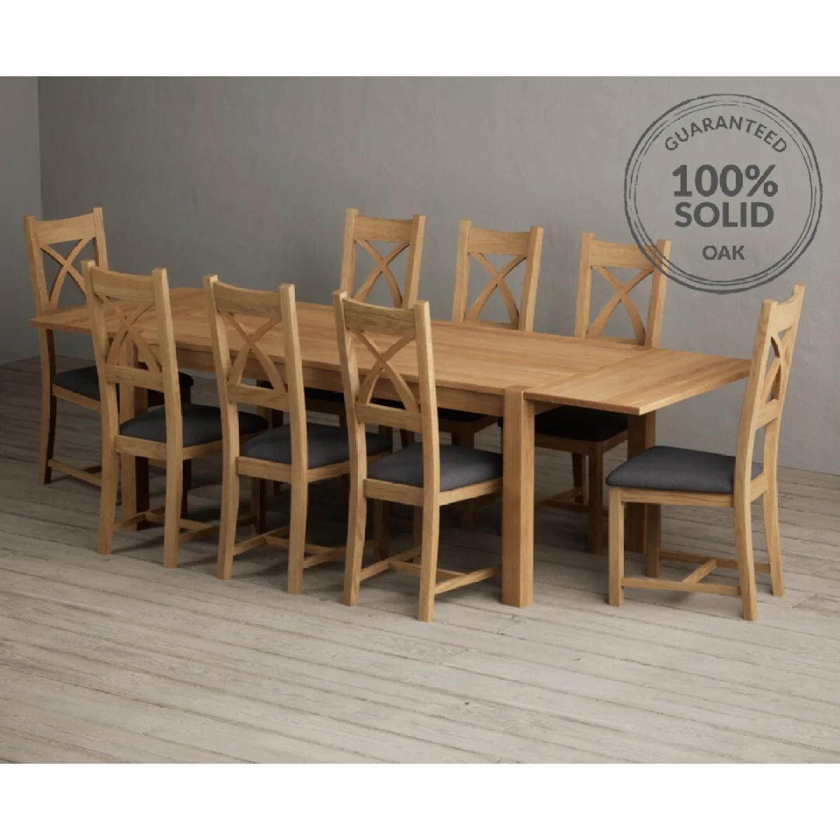 Thetford 180cm Oak Dining Table with Thetford 45cm Oak Extensions with 8 Charcoal Grey Natural Solid Oak Chairs – image 5