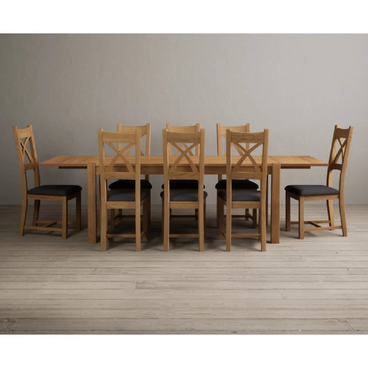 Thetford 180cm Oak Dining Table with Thetford 45cm Oak Extensions with 8 Charcoal Grey Natural Solid Oak Chairs – image 6