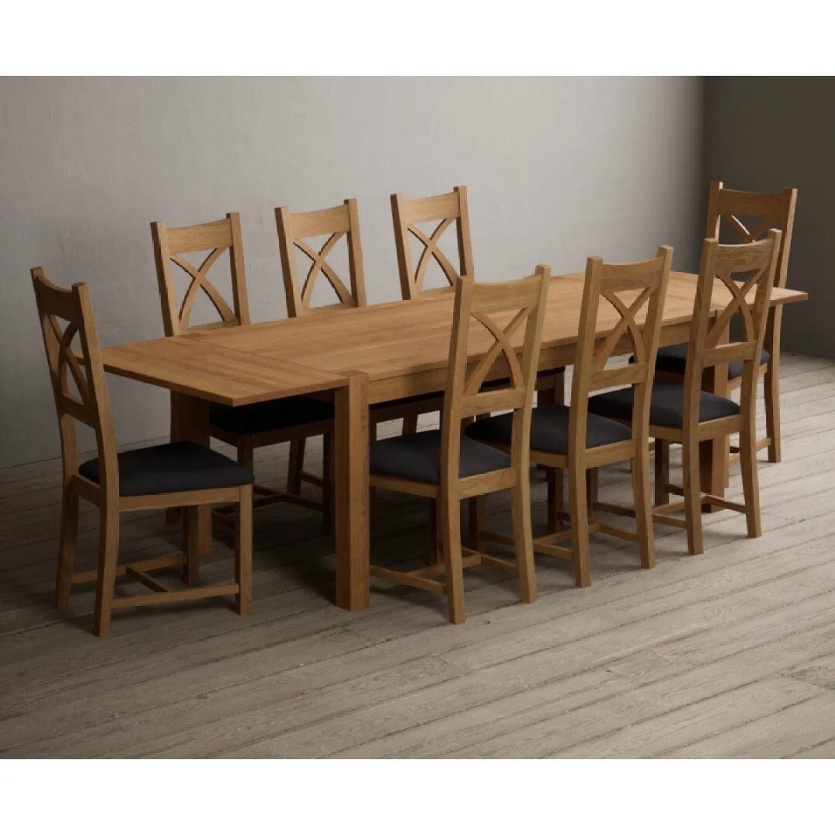 Thetford 180cm Oak Dining Table with Thetford 45cm Oak Extensions with 8 Charcoal Grey Natural Solid Oak Chairs – image 7