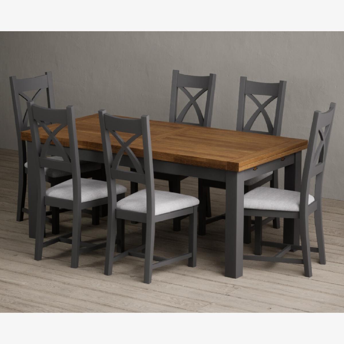 Extending Buxton 180cm Oak and Charcoal Grey Painted Dining Table with 8 Brown Painted Chairs – image 1
