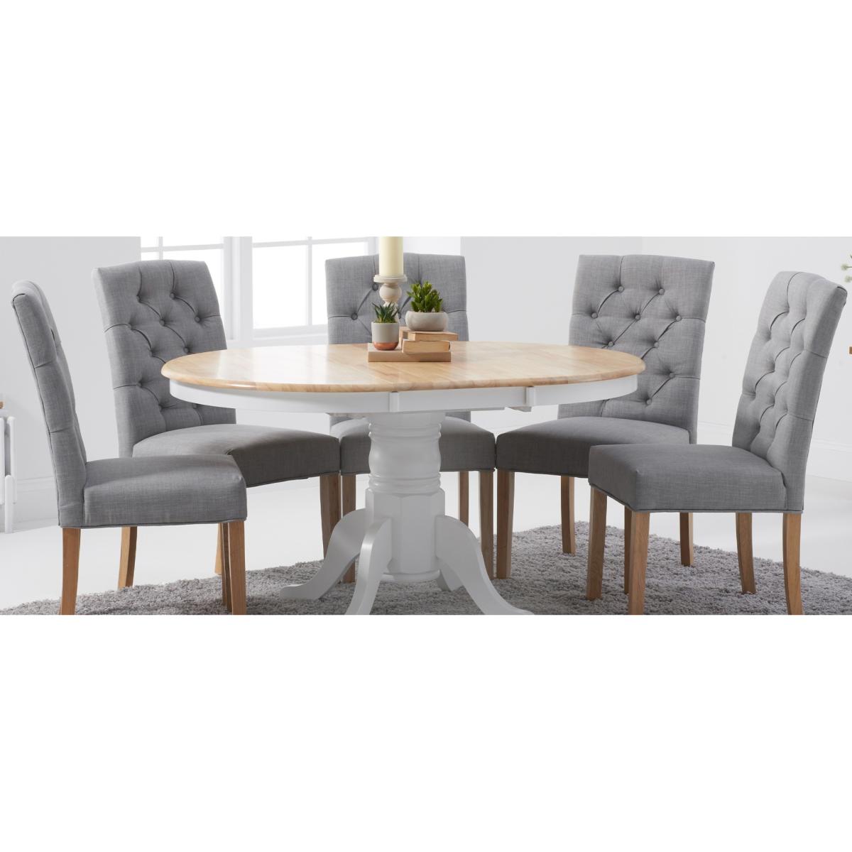 Epsom Oak and White Painted Pedestal Extending Table With 6 Grey Isabella Fabric Chairs – image 11