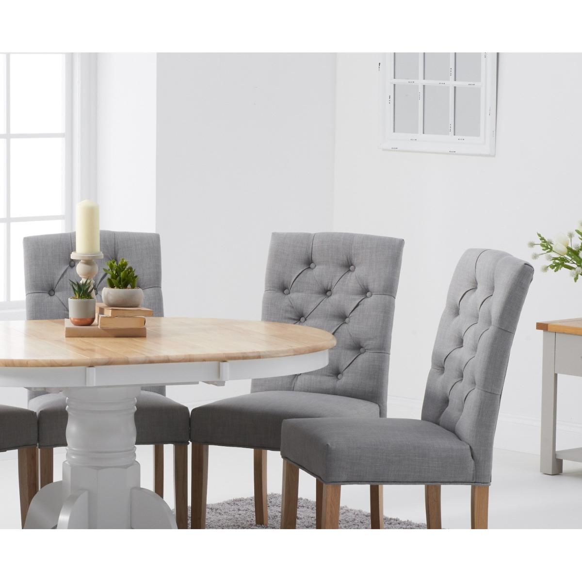 Epsom Oak and White Painted Pedestal Extending Table With 6 Grey Isabella Fabric Chairs – image 5