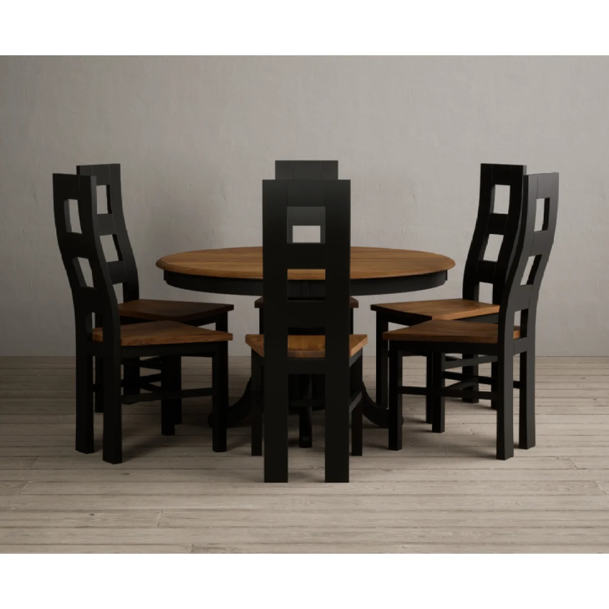 Hertford 120cm Fixed Top Oak and Black Painted Dining Table with 6 Rustic Oak Painted Chairs – image 6