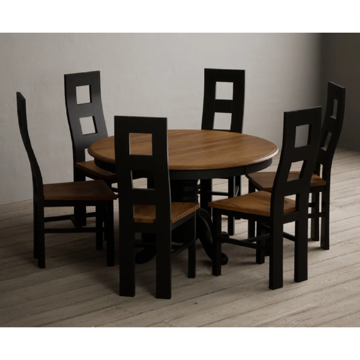 Hertford 120cm Fixed Top Oak and Black Painted Dining Table with 6 Rustic Oak Painted Chairs – image 8