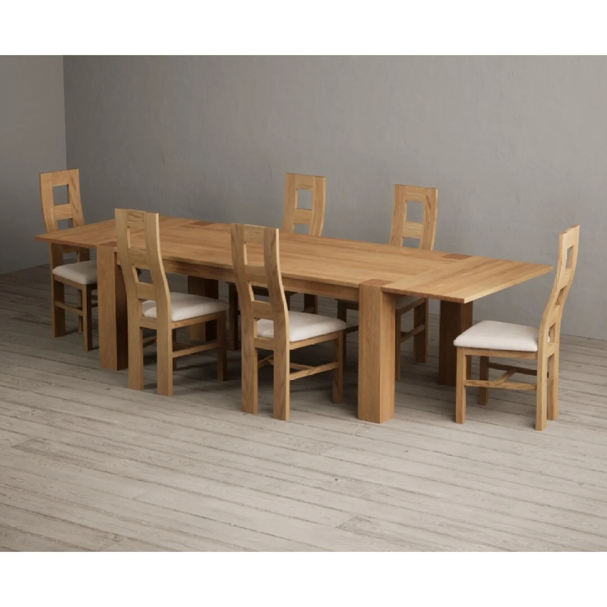 Sheringham 200cm Solid Oak Dining Table with Sheringham Oak Extensions (Pair) with 12 Linen Natural Chairs – image 2