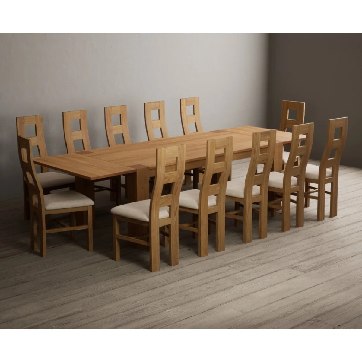 Sheringham 200cm Solid Oak Dining Table with Sheringham Oak Extensions (Pair) with 12 Linen Natural Chairs – image 3