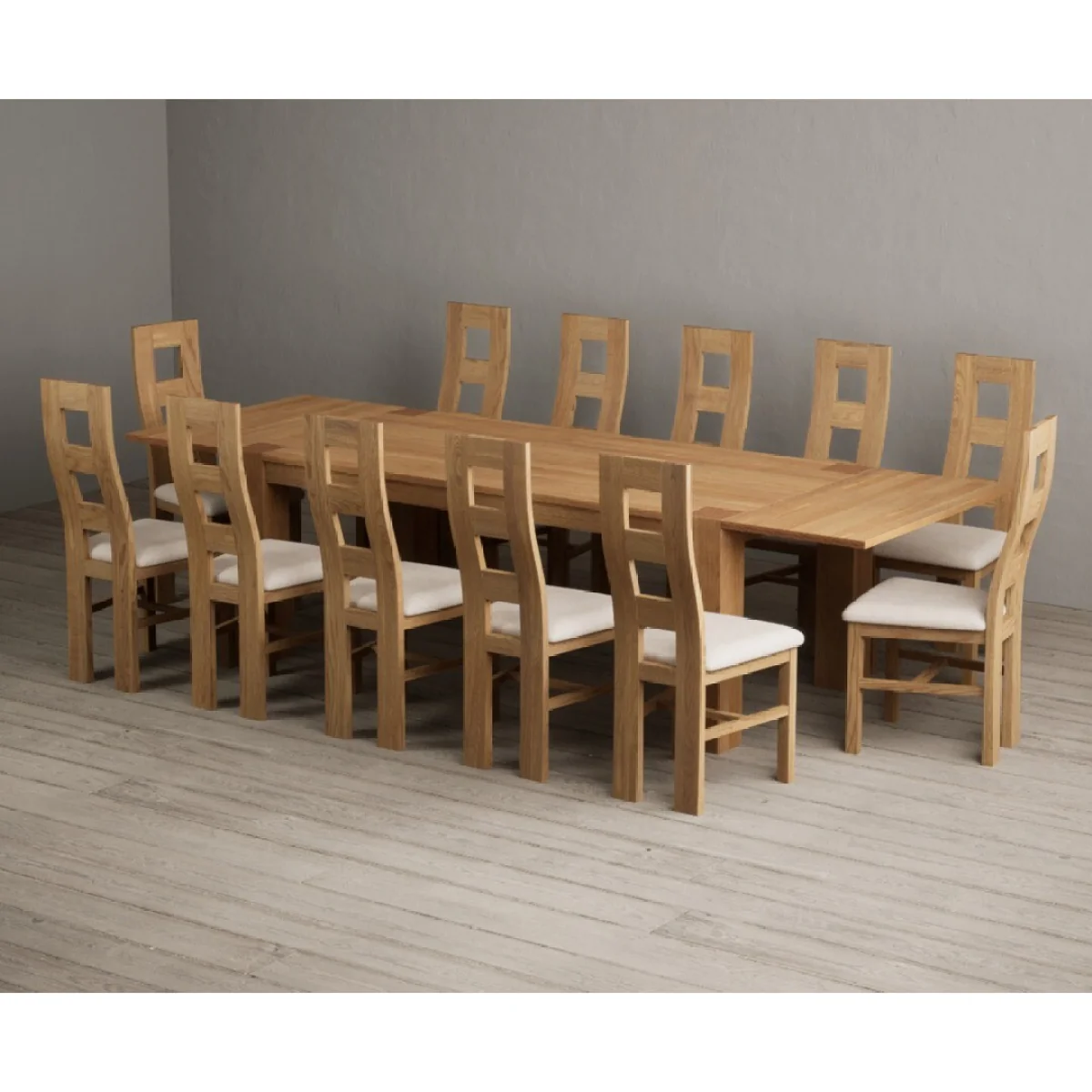 Sheringham 200cm Solid Oak Dining Table with Sheringham Oak Extensions (Pair) with 12 Linen Natural Chairs – image 4