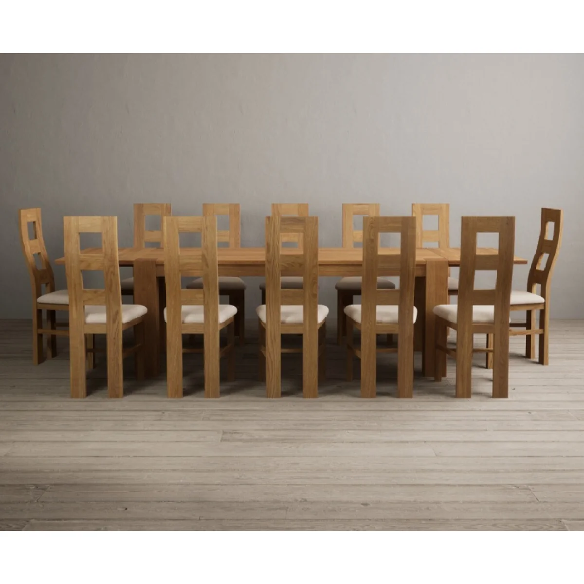 Sheringham 200cm Solid Oak Dining Table with Sheringham Oak Extensions (Pair) with 12 Linen Natural Chairs – image 5