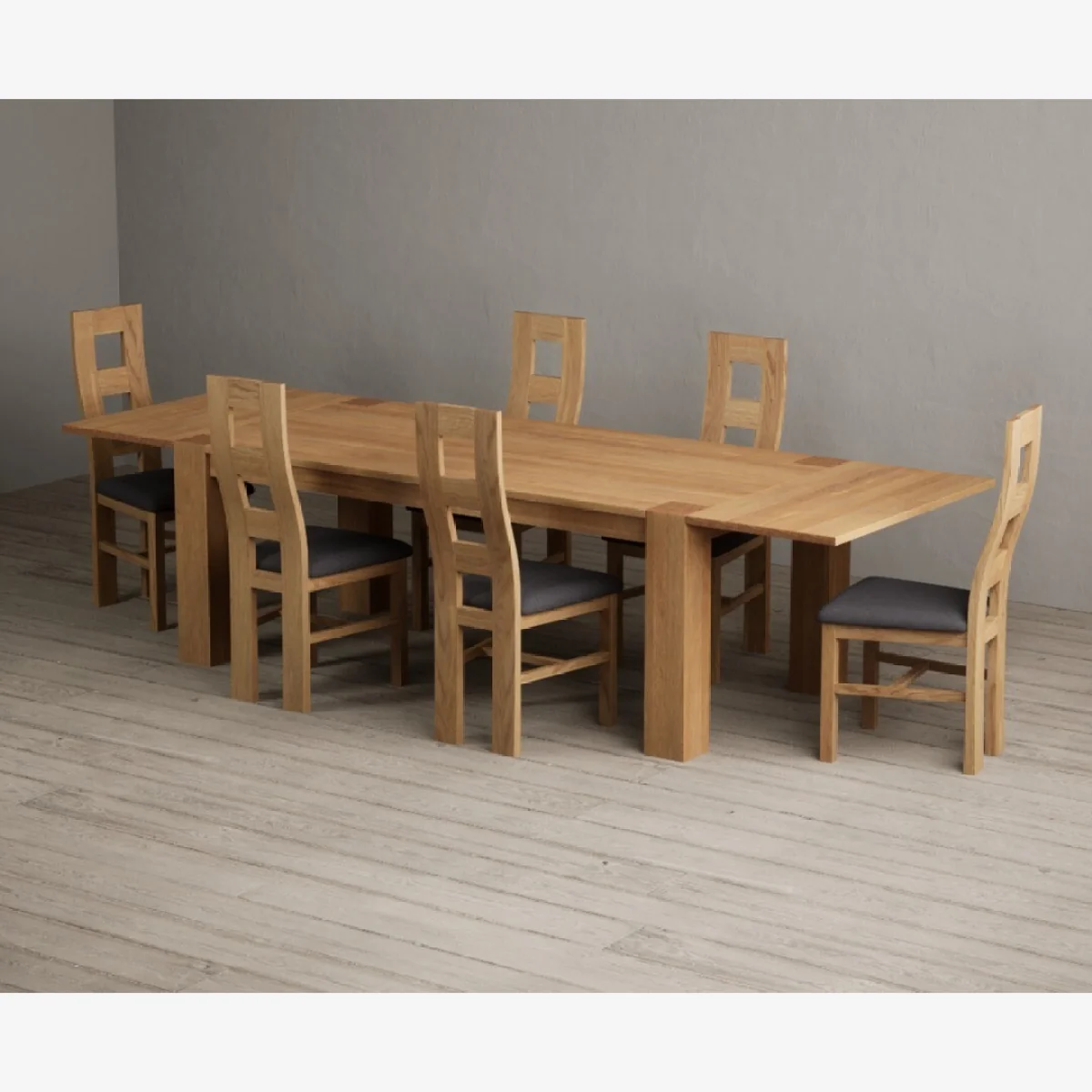 Sheringham 200cm Solid Oak Dining Table with Sheringham Oak Extensions (Pair) with 12 Linen Natural Chairs – image 1