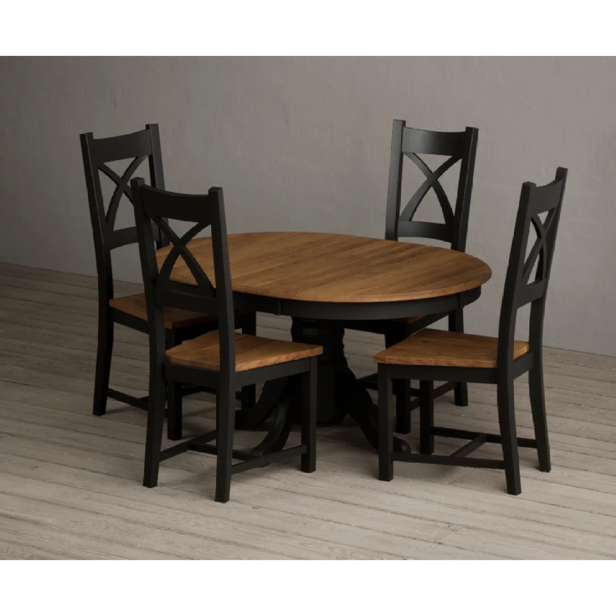 Extending Hertford 100cm - 130cm Oak and Black Painted Pedestal Dining Table with 4 Rustic Oak Painted Chairs – image 4