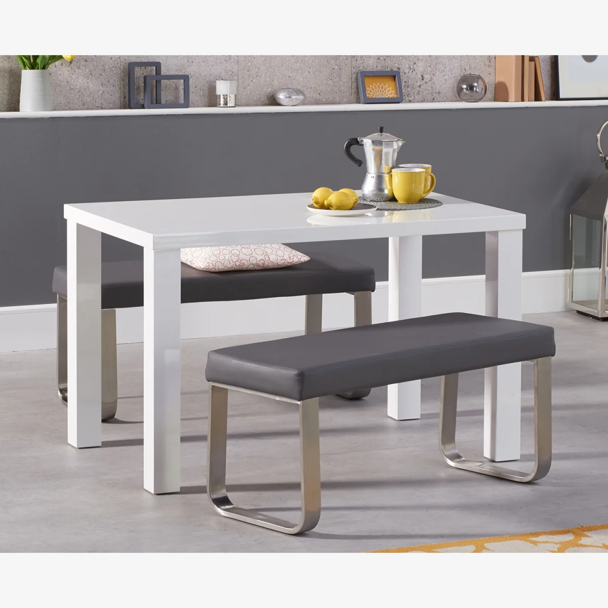 Seattle 120cm White High Gloss Dining Table with 2 Grey Benches