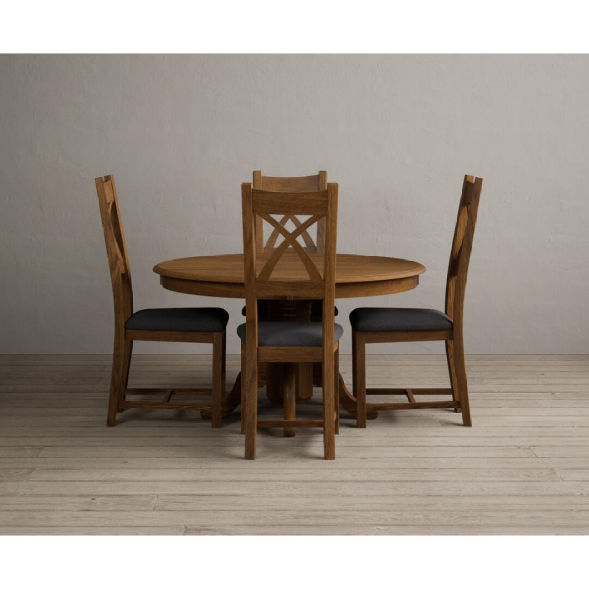 Hertford 120cm Fixed Top Rustic Oak Dining Table with 6 Linen Rustic Solid Oak Chairs – image 2