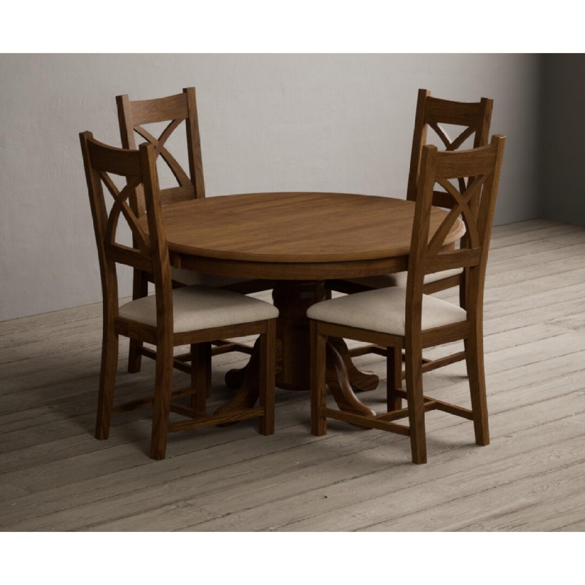 Hertford 120cm Fixed Top Rustic Oak Dining Table with 6 Linen Rustic Solid Oak Chairs – image 13