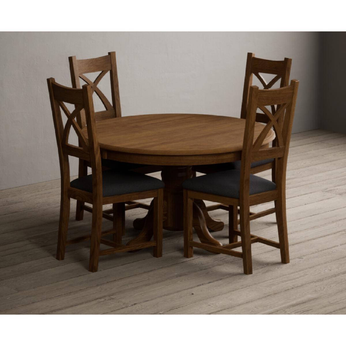 Hertford 120cm Fixed Top Rustic Oak Dining Table with 6 Linen Rustic Solid Oak Chairs – image 3