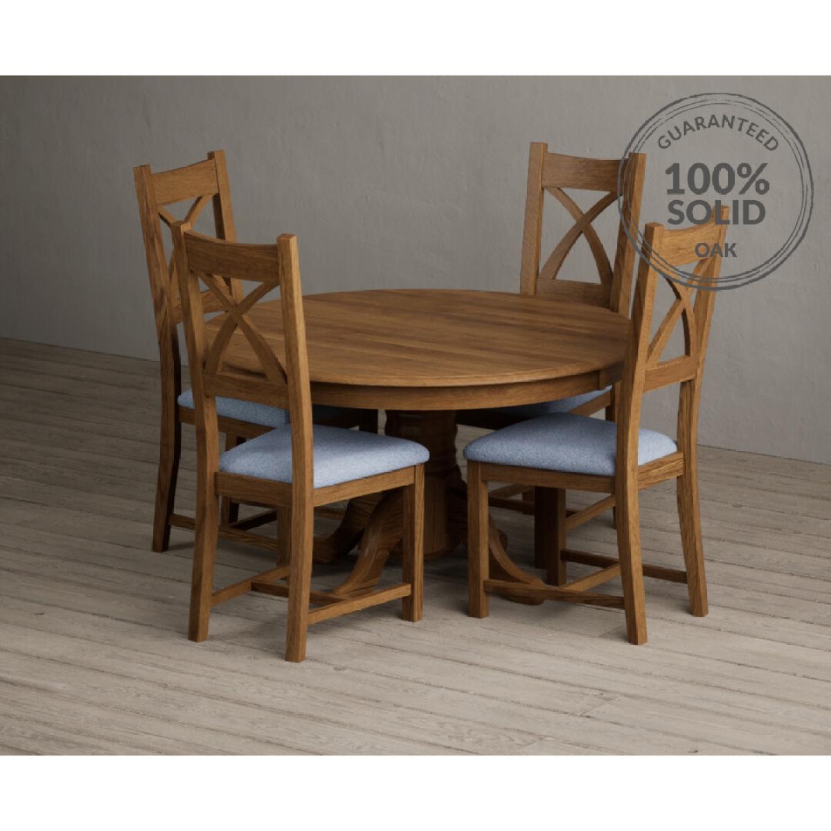 Hertford 120cm Fixed Top Rustic Oak Dining Table with 6 Linen Rustic Solid Oak Chairs – image 6
