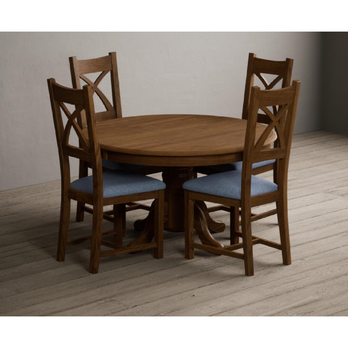 Hertford 120cm Fixed Top Rustic Oak Dining Table with 6 Linen Rustic Solid Oak Chairs – image 8