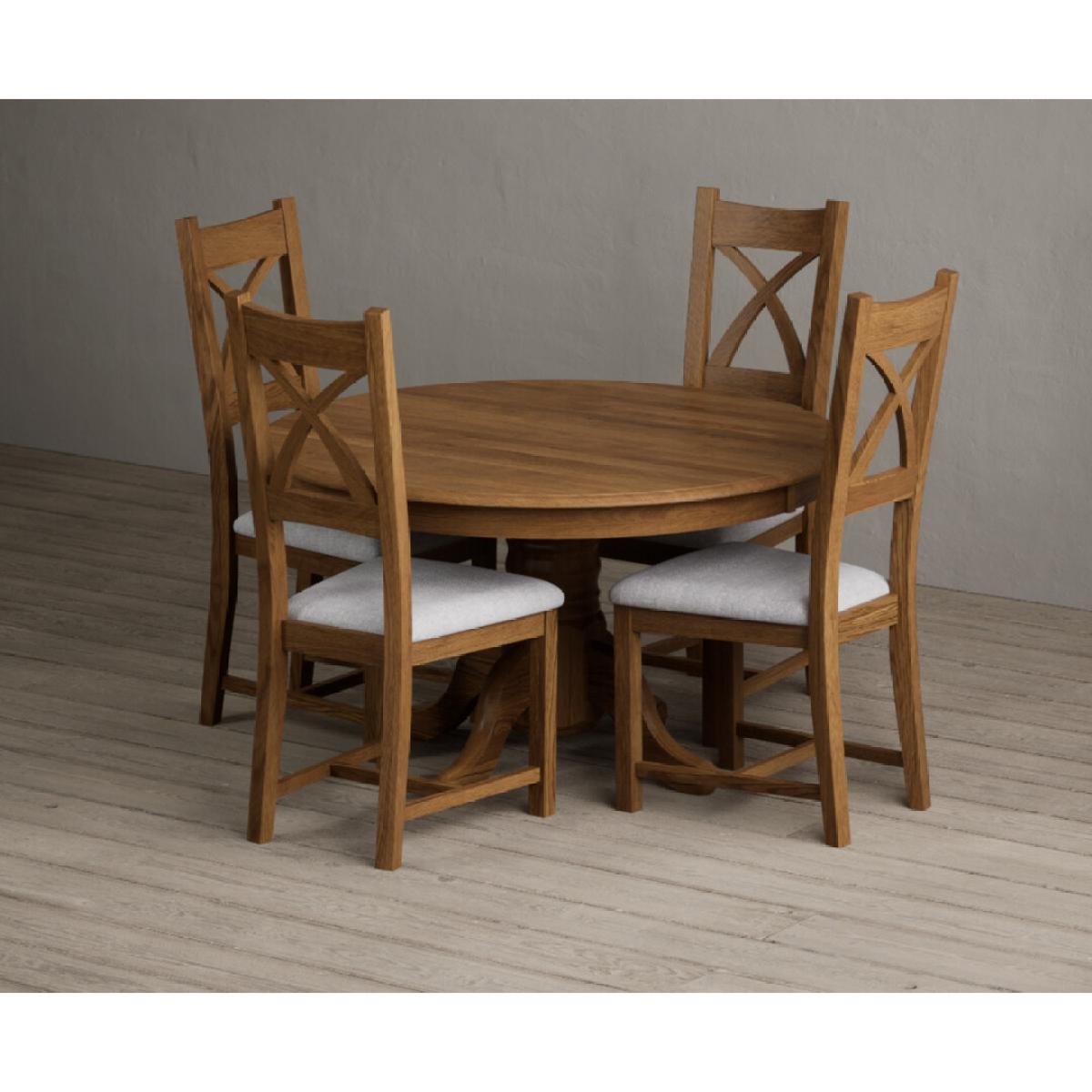 Hertford 120cm Fixed Top Rustic Oak Dining Table with 6 Linen Rustic Solid Oak Chairs – image 10