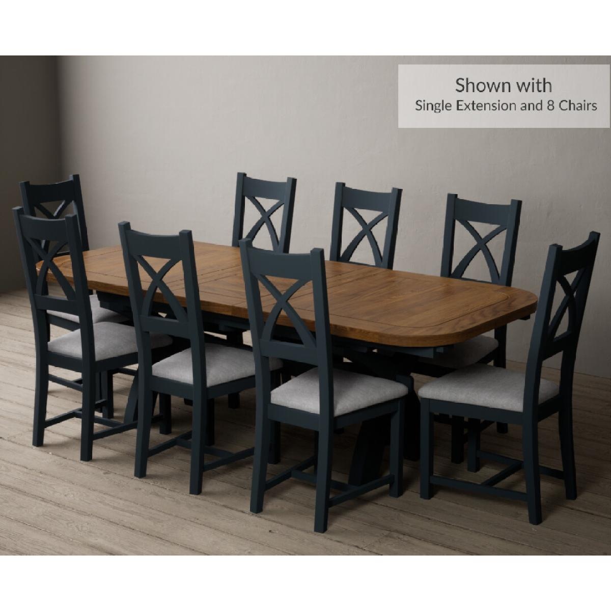 Atlas 180cm Oak and Dark Blue Extending Dining Table With 10 Blue X Back Chairs – image 11