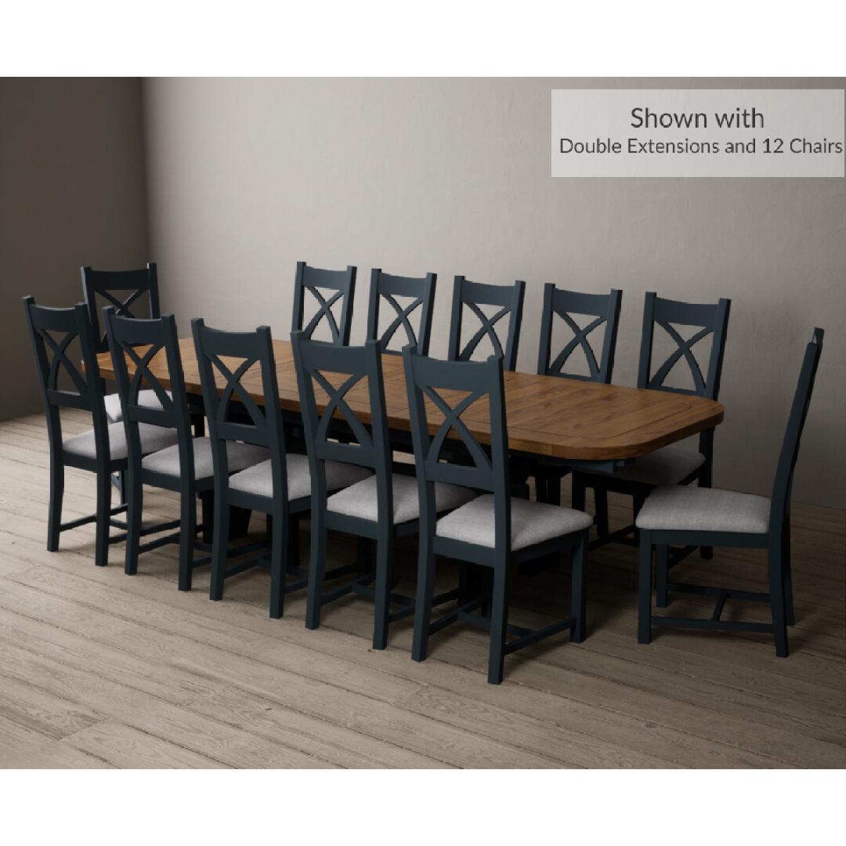 Atlas 180cm Oak and Dark Blue Extending Dining Table With 10 Blue X Back Chairs – image 13